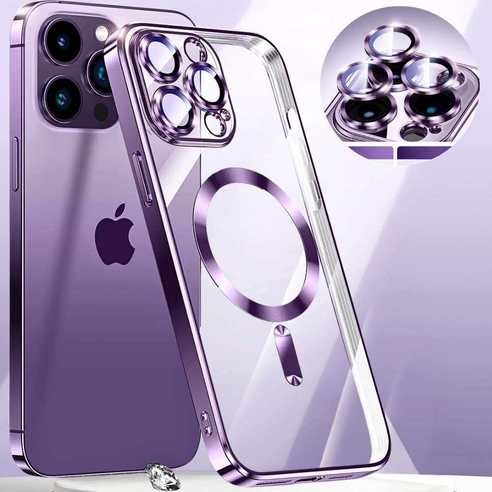 Фіолетовий жіночий чохол iPhone 14 Pro Max із захистом камери прозорий силіконовий purple MagSafe магнітний, фото 1