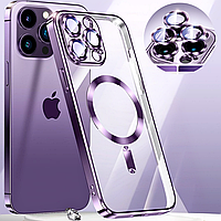 Фиолетовый женский чехол iPhone 14 Pro Max с защитой камеры прозрачный силиконовый purple MagSafe магнитный