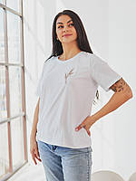 Жіноча бавовняна патріотична футболка великого розміру з вишивкою смужок пшениця, біла 50, 52, 54