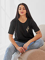 Женская хлопковая патриотическая футболка большого размера с вышивкой колосок пшеница, черная 50, 52, 54
