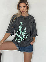Футболка женская серая варенка с надписью рваная ( oversize )
