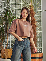 Укороченная женская футболка молодежная под джинсы коричневая 42-44, 44-46, 46-48