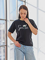 Стильная женская футболка для девушки с цветочной вышивкой черная 42-44, 44-46, 46-48