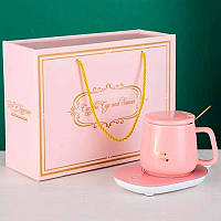 Подарочный набор керамическая чашка с ложкой для горячих напитков с подогревом Thermostatic Cup Warm Розовый