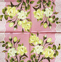 Салфетки декупажные Белые розы на розовом фоне 2139