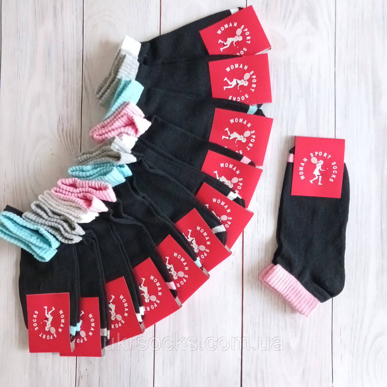 Шкарпетки жіночі SPORT бавовна чорні з кольоровою резинкою 37-39 | 12 пар