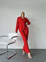 Женская брючная,софтовая пижама двойка(брюки+рубашка)Пижама с сердечками.Домашний костюм,размеры норма,батал Красный, 48/50