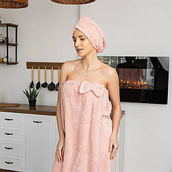 Рушник-халат жіночий з шапочкою (рожевий) 140х80 см