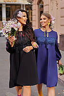 Жіноча вільна сукня з аплікацією на рукавах батал: 48-50, 52-54, 56-58, 60-62 - марсала, чорний, індиго