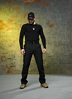 Демісезонний військовий комплект теплі військові штани та лонгслів чорний з тризубом