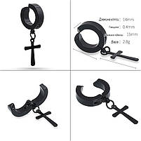 Сережки-кліпси з хрестом з нержавіючої сталі на одне вухо готичні панк без проколу сережки. Сережки обманка, фото 8