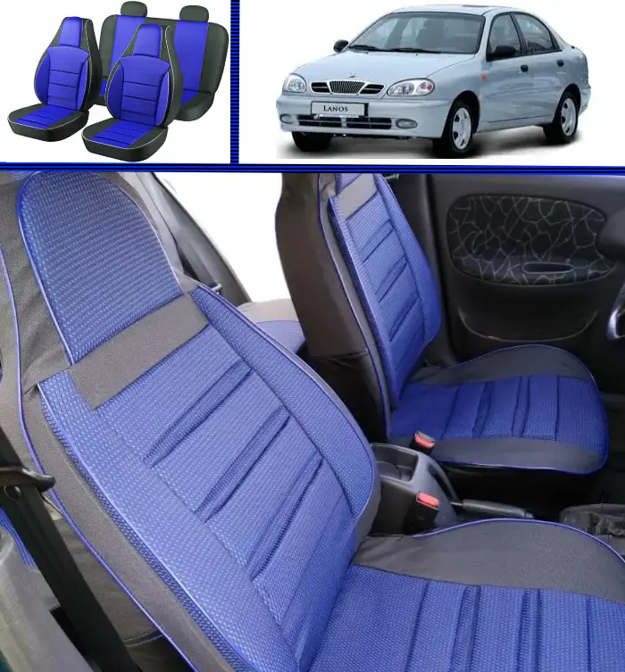Чохли на сидіння PILOT Daewoo Lanos (кожзам+тканинна вставка) Сині, фото 1