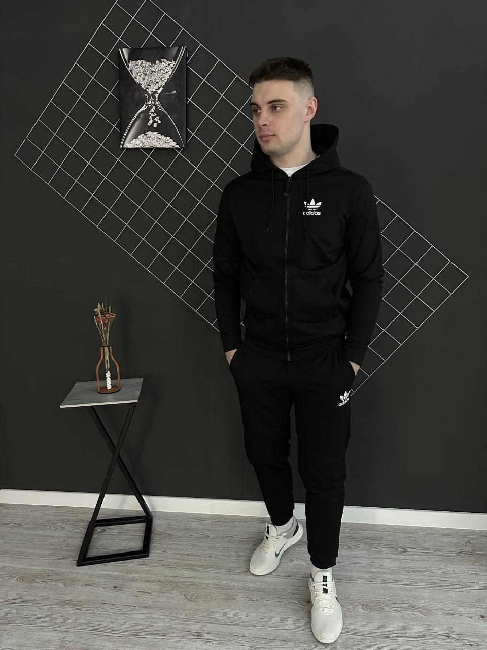 Чоловічий сучасний спортивний костюм Adidas з двунитки, комфортний комплект кофта + штани чорного кольору