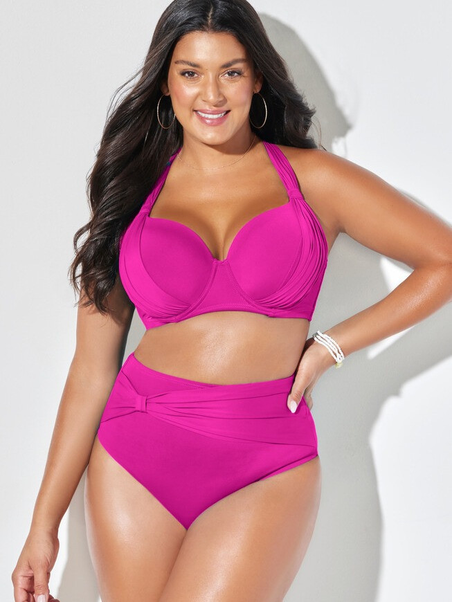 Купальник роздільний з високою талією великих розмірів рожевий, фото 1