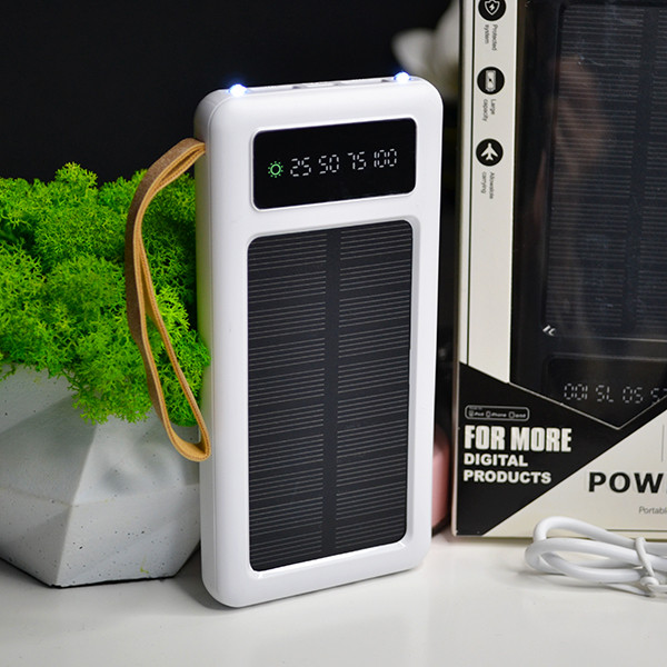 🤍Повербанк PowerBank 10000 mAh зарядний пристрій, сонячна панель, ліхтар, 4 вбудовані кабелі, Білий, фото 1