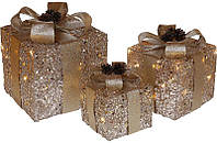 Набор декоративных подарков - 3 коробки 20см, 25см, 30см с LED-подсветкой, золотой BKA