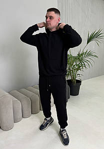 Весняний осінній чоловічий костюм тринитка петля без начосу чорний базовий Base худі штани чорного кольору