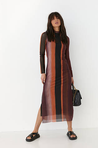 Плаття із сітки прямого фасону з розпірками — коричневий колір, M (є розміри), фото 2