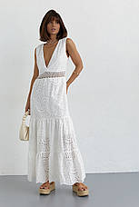Довге плаття з прошви та мереживом на талії — білий колір, 36р (є розміри), фото 3