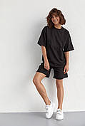 Трикотажний жіночий костюм із шортами та футболкою з вишивкою — чорний колір, M (є розміри)