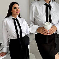 Жіноча стильна біла блузка сорочка батал із краваткою