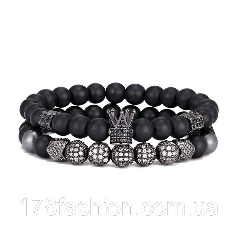 Подвійний браслет з чорного матового агату з шармами та короною інкрустований камінням, фото 1