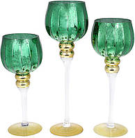 Набір 3 скляні свічники Catherine 30см, 35см, 40см, золото із зеленим BKA