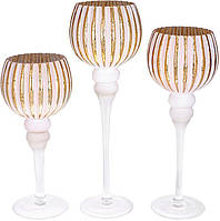 Набір 3 скляні свічники Catherine 30см, 35см, 40см, білий матовий із золотом BKA