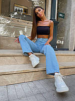 Модные повседневные женские брюки палаццо из денима, молодежные широкие джинсы-трубы цвета в ассортименте S, Голубой