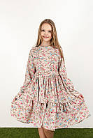 Платье подростковое весеннее из ткани софт с поясом бежевое
