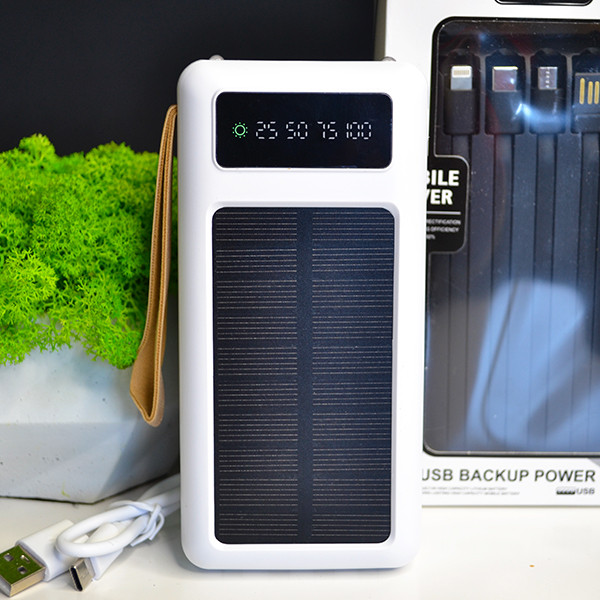 🤍Повербанк PowerBank 20000 mAh зарядний пристрій, сонячна панель, ліхтар, 4 вбудовані кабелі, Білий, фото 1