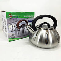 Чайник со свистком Unique UN-5303 кухонный на 3 литра, металлический чайник из нержавейки. Цвет: черный BKA