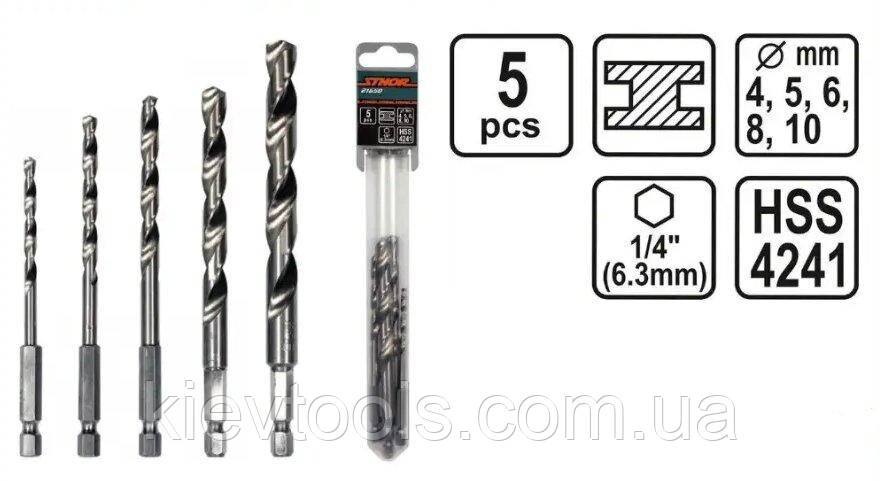 Набір свердел по металу із шестигранним хвостовиком 4-10 мм Sthor 21650