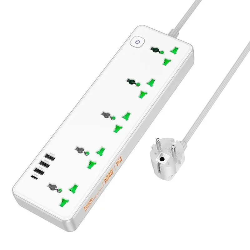 Подовжувач мережевий з USB Hoco AC13A 5 розеток 3USB Type-C White, фото 1