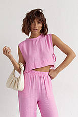 Літній жіночий костюм зі штанами та топом із зав'язками — рожевий колір, L (є розміри), фото 3