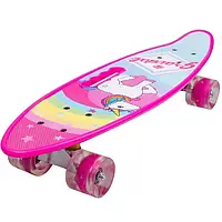 Пенни борд Penny Board с рисунком Единорог розовый скейт с ручкой со светящимися колесами