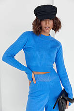 Жіночий костюм із широкими штанами та коротким джемпером — синій колір, L (є розміри), фото 2
