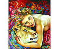 Схема для вышивки бисером Девушка и львица, размер 30х35 см, арт. 1352