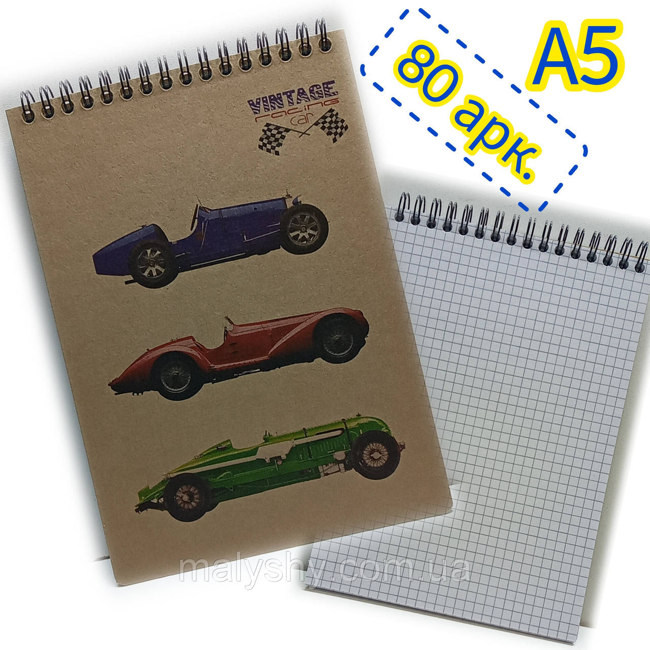 Блокнот на спіралі "KRAFT" 80 аркушів, клітинка / Записная книга / KF5180K / Vintage