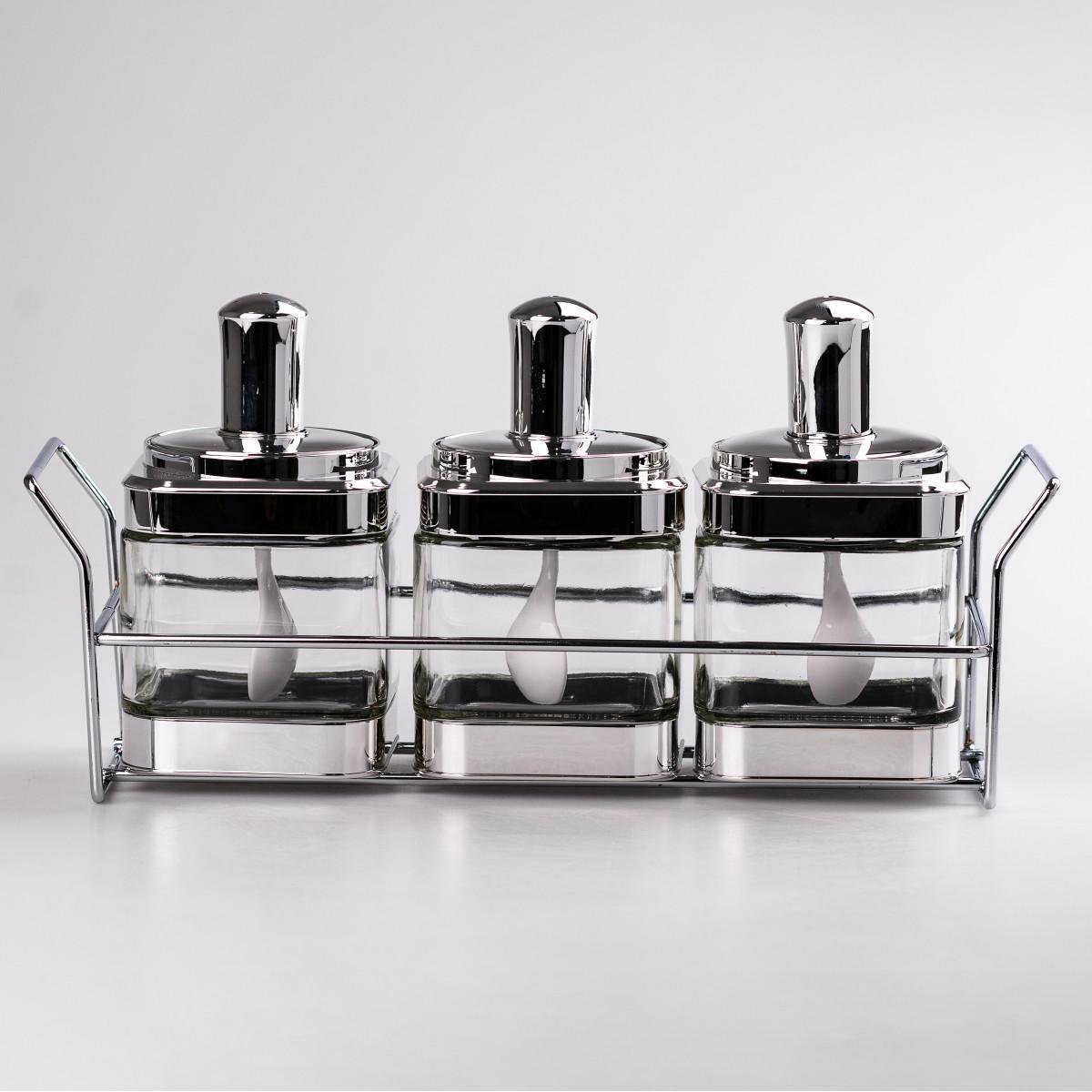 Скляні банки для сипких продуктів набір 3 шт. з ложкою на підставці для зручного зберігання й дозування, фото 1