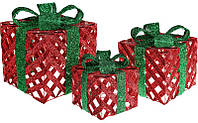 Набор декоративных подарков - 3 коробки 15х20см, 20х25см, 25х30см с LED-подсветкой, красный с зеленым BKA