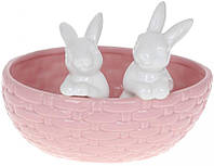 Декоративне кашпо "Кролики в кошику" 20х15х14.5см, кераміка, рожевий з білим BKA