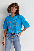 Укорочена жіноча футболка з вишитими літерами — синій колір, M/L (є розміри)