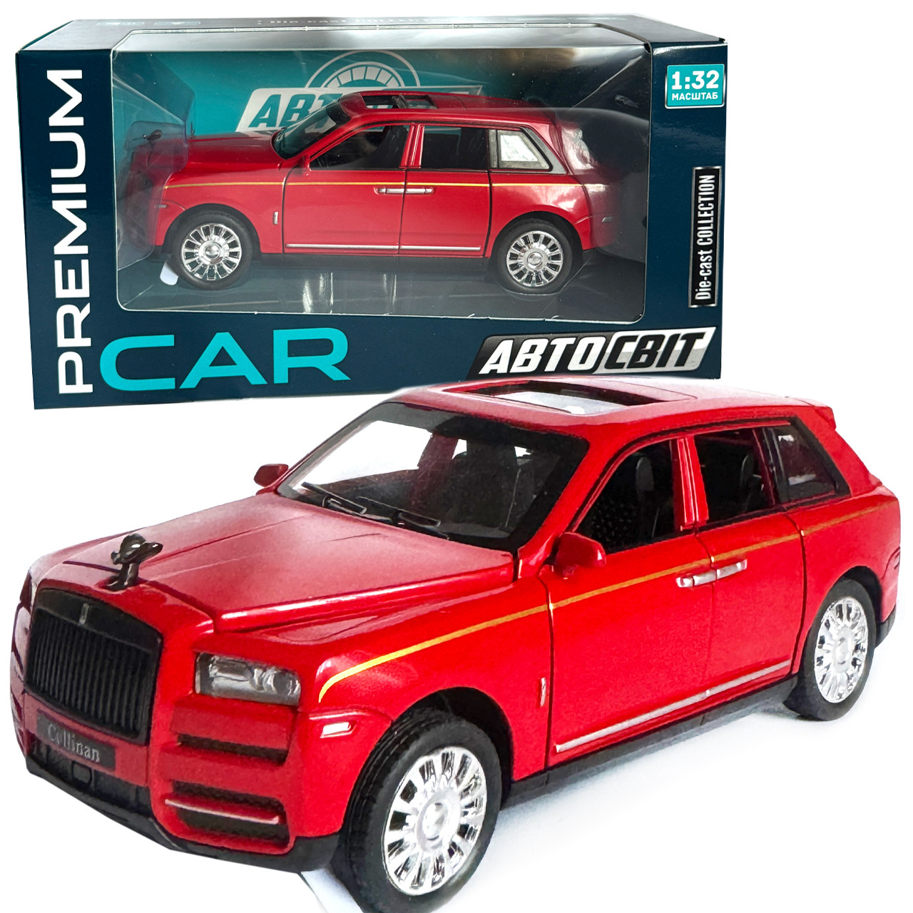 Машинка металева Rolls-Royce Cullinan ролс ройс червоний звук світло інерція відкр люк двері капот багажник 1:32,15*6,5*5,5см, фото 1