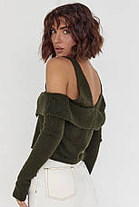 В'язаний пуловер на ґудзиках із відкритими плечима — темно-зелений колір, L (є розміри), фото 2