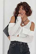 В'язаний пуловер на ґудзиках із відкритими плечима — молочний колір, L (є розміри), фото 2