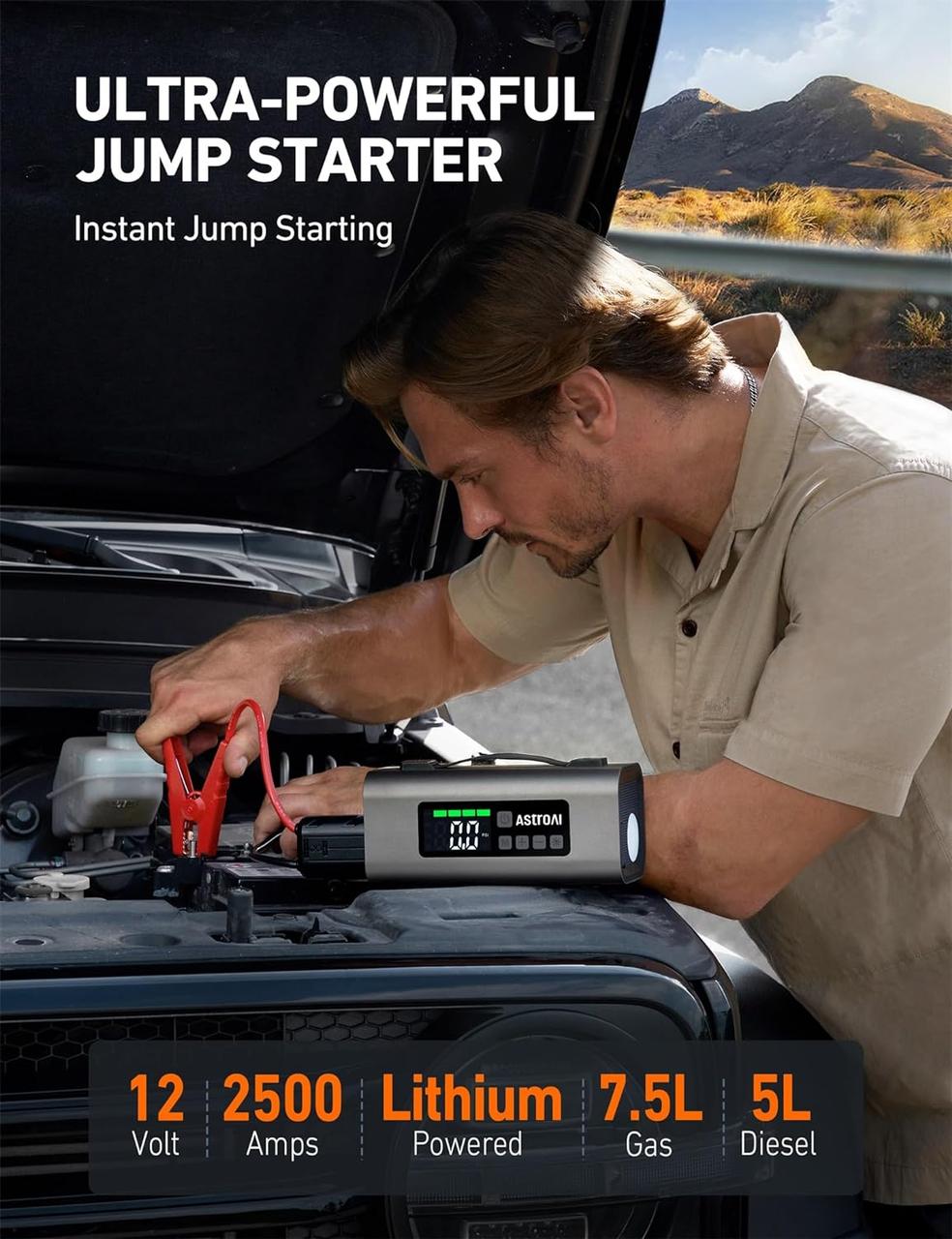 Пусковое устройство AstroAI Jump Starter 2500А с воздушным компрессором - фото 4 - id-p2151270111