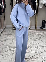Мягкий ангоровый легкий костюм с кофтой под горло и широкими штанами Голубой, M-L