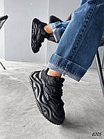 Женские кроссовки на широкой шнуровке кожаные с текстильной сеткой черные Nazai