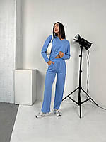 Трикотажный костюм с широкими брюками женский в рубчик Турция: зеленый, черный, графит, голубой голубой, 46/48
